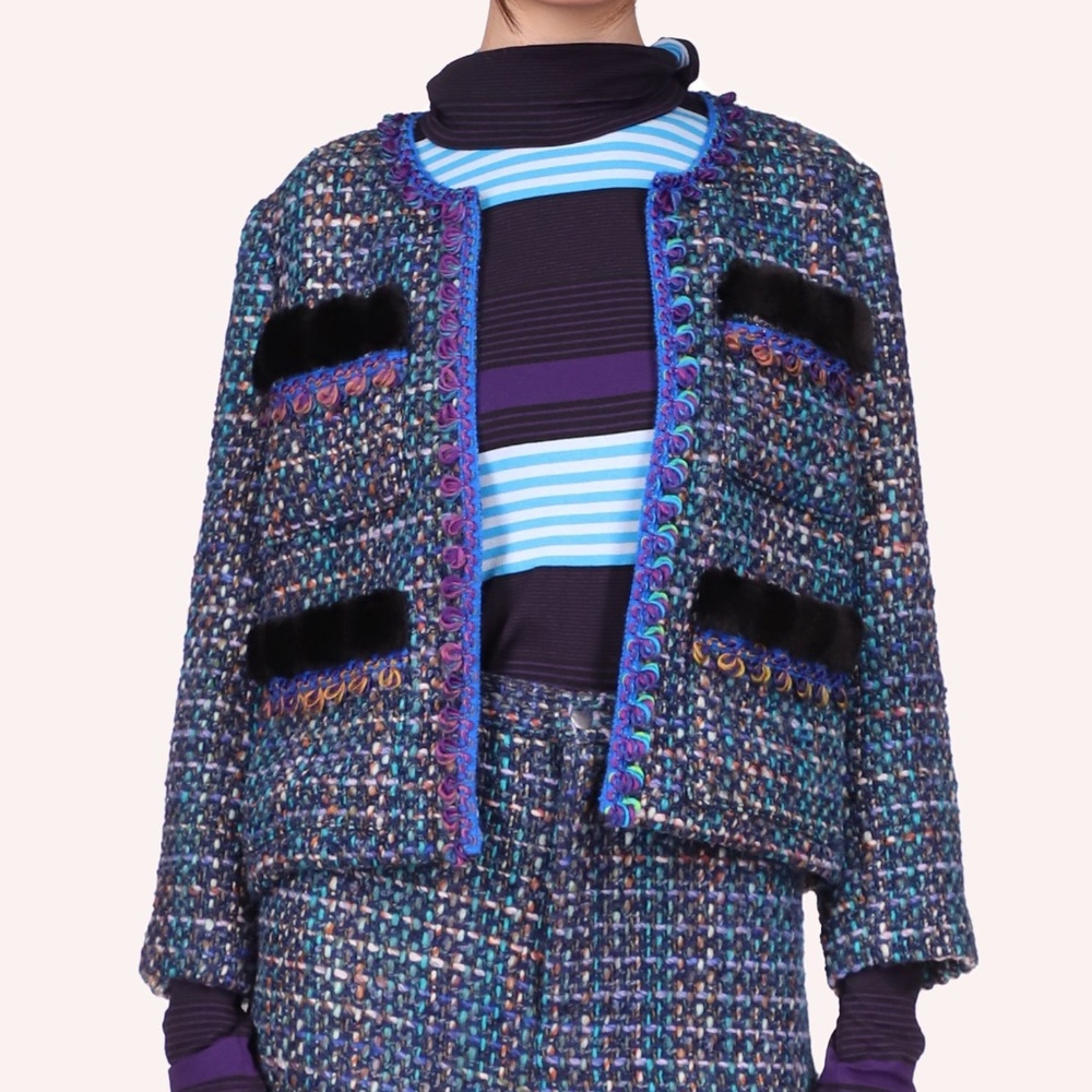 Anna Sui Multi Tweed Jacket - Turquoise Size 4